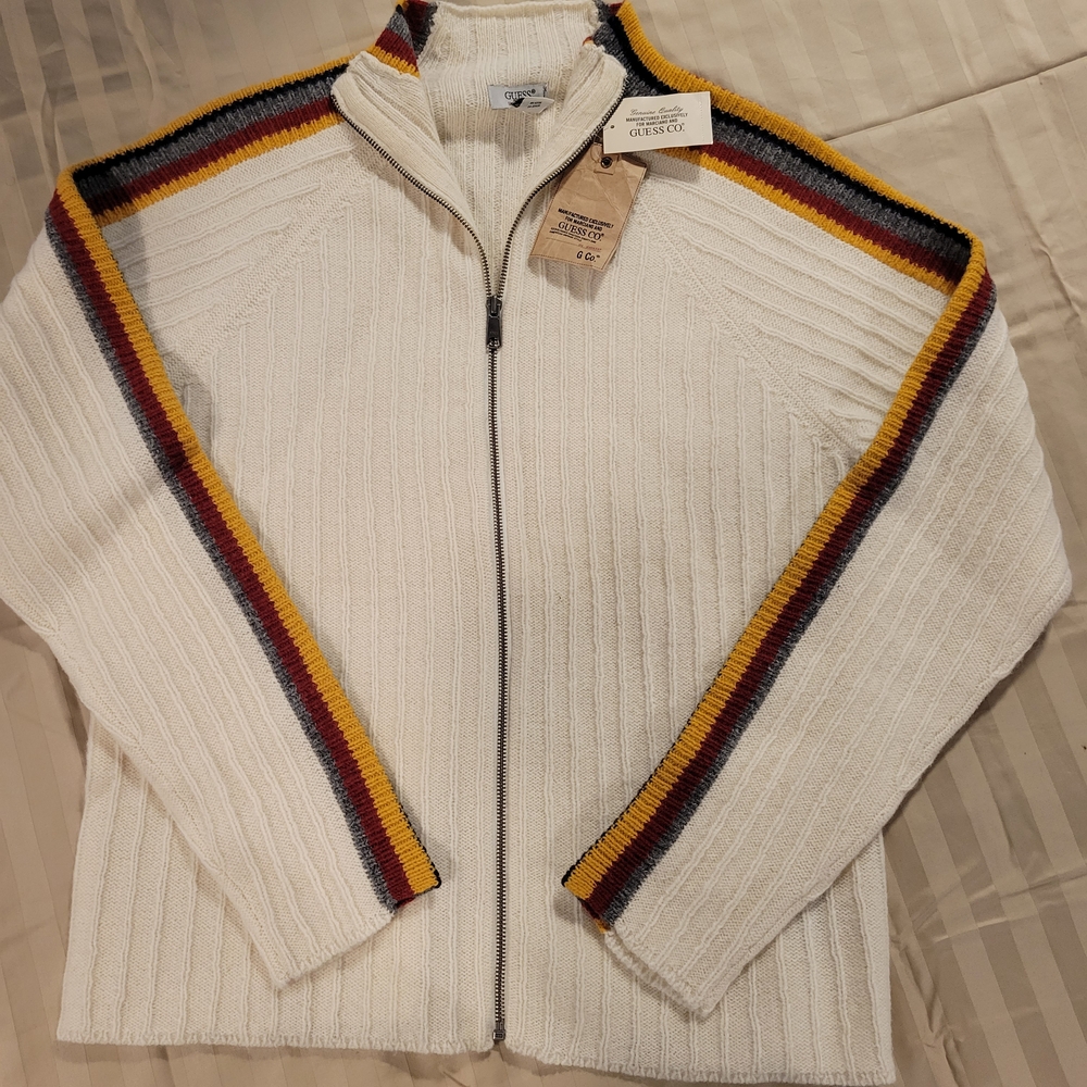 Guess Men's Cream Zip-Up Sweater with Colorful Stripes